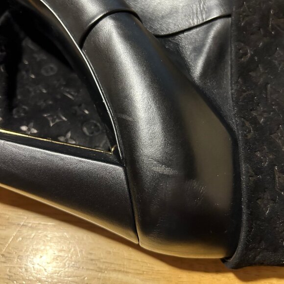 Authentic Louis Vuitton Blk Leather LV Logo Suede Art Deco Heel Boot 37.5 US/7.5 - Picture 15 of 16